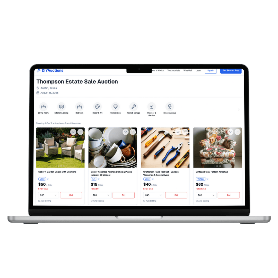 DIYAuctions platform on a laptop showing a local estate sale with lots and reserve prices
